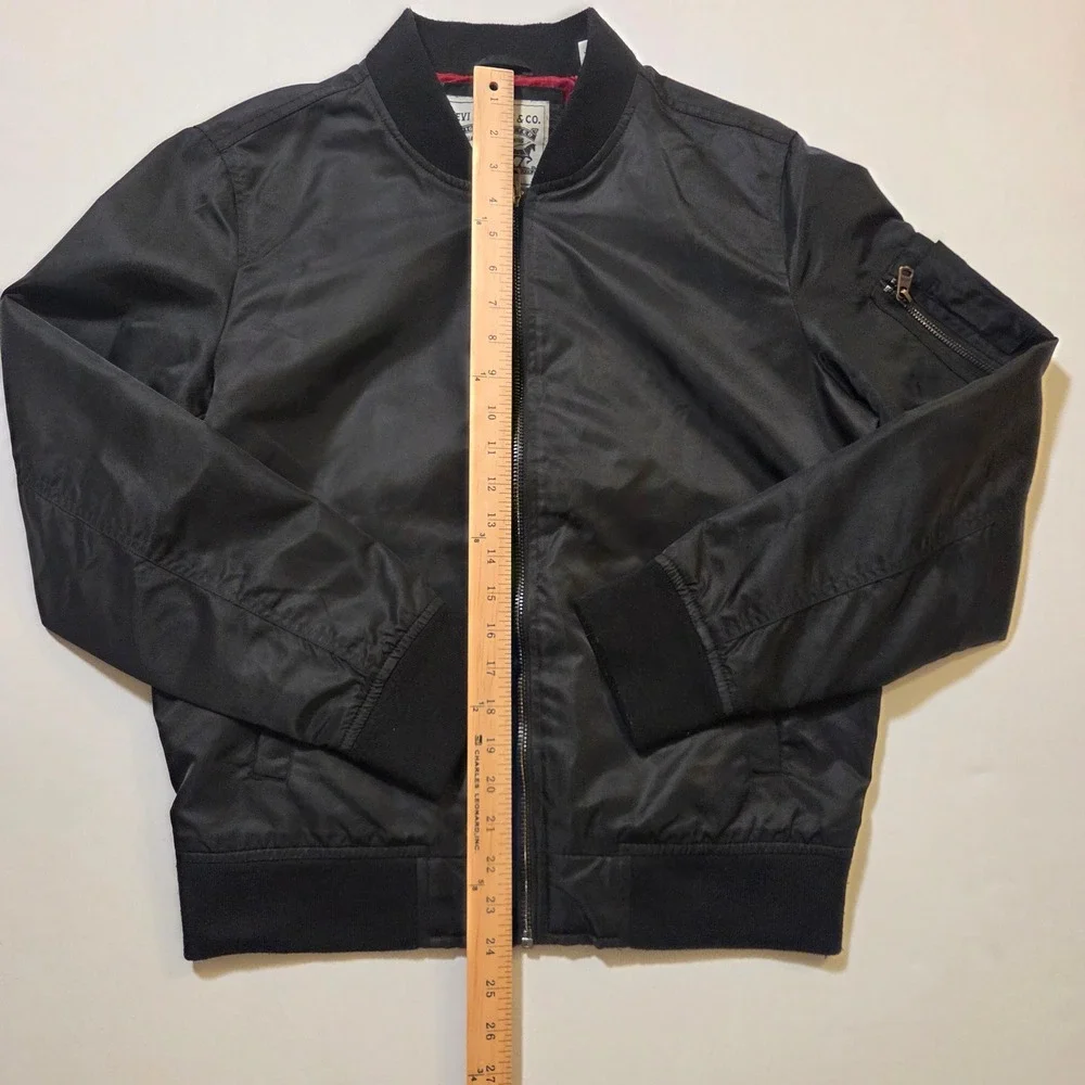 Levis Mens Black Bomber Jacket Flight MA-1 Style Red Lining Small